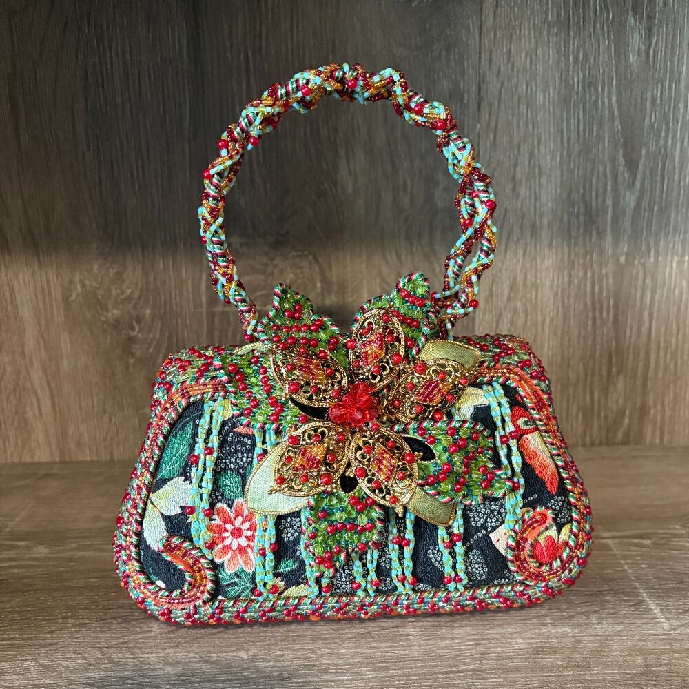 MARY FRANCIS Holiday Beaded Floral Handbag NWOT